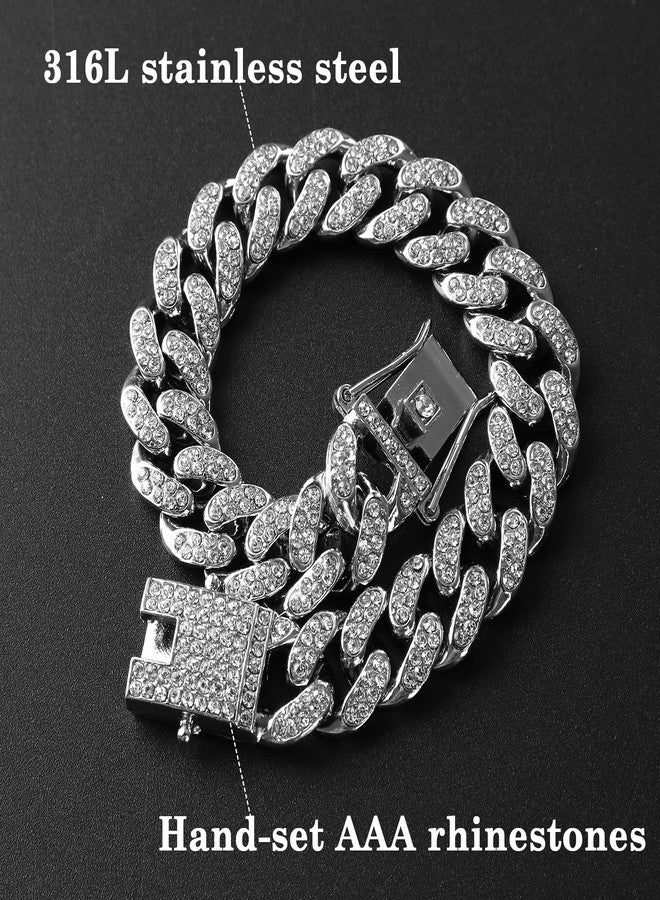 Amabro Cat Chain Collar, Diamond Cuban Link Kitten Walking Collar with Secure Buckle 12mm Wide Pet Rhinestones Necklace Metal Chain Jewelry Accessories for Cats Dogs Kittens Puppies 8inch(Silver) - Image 4